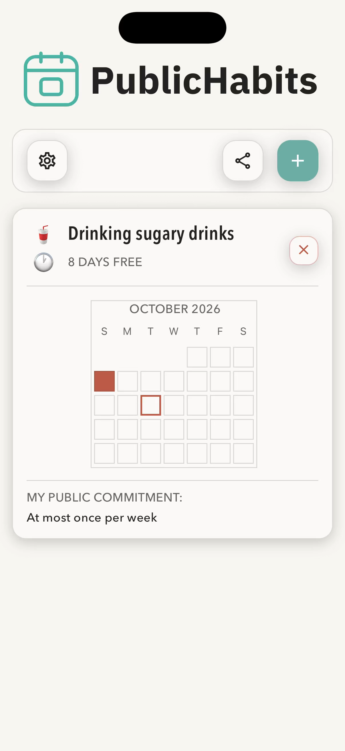 A bad habit card for Drinking sugary drinks showing 8 days free, an October 2026 calendar with one slip-up marked in red, and the public commitment At most once per week