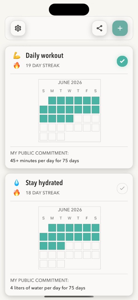Habit cards showing calendar-style tracking grids with teal squares marking completed days and a daily streak count
