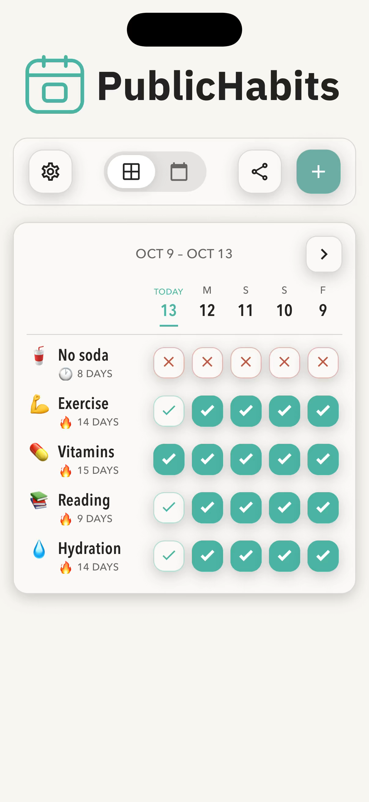 Grid view showing five habits, No soda, Exercise, Vitamins, Reading, and Hydration, across October 9 to 13, with check marks on completed days, day streaks, and 8 days free for No soda