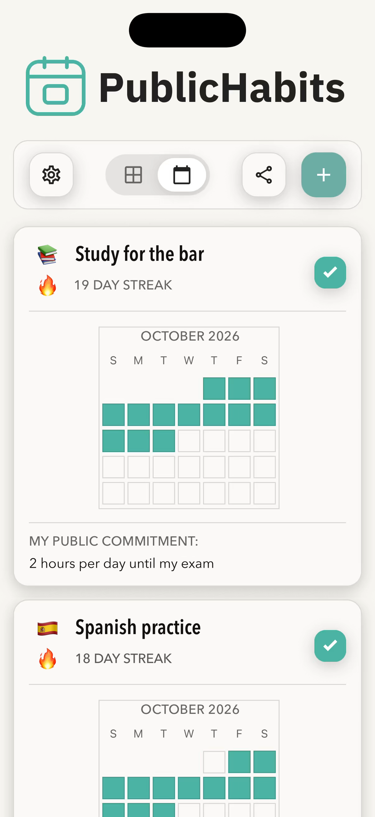 PublicHabits app showing a Study for the bar habit on a 19 day streak with an October calendar, the public commitment 2 hours per day until my exam, and a Spanish practice habit on an 18 day streak