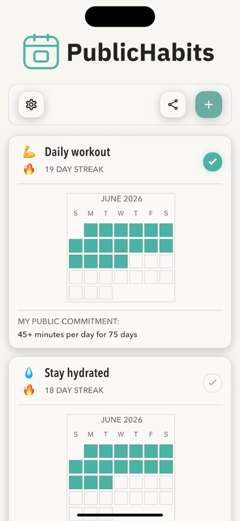 PublicHabits app home screen showing the Daily workout habit with a 19 day streak and a calendar tracking grid