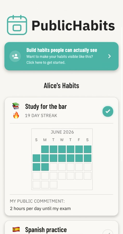A public PublicHabits progress page in a web browser, showing a Study for the bar habit with a 19 day streak, a calendar of completed days, and the public commitment 2 hours per day until my exam