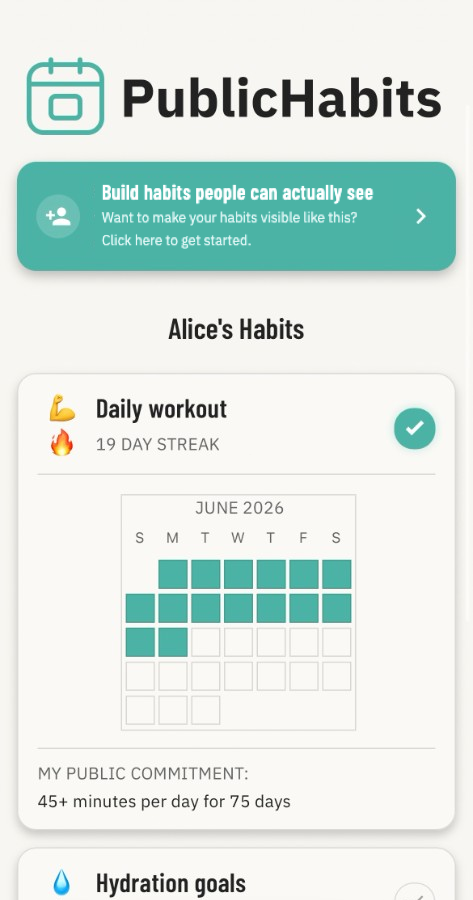 A public PublicHabits progress page shared on the web, showing Alice's habits with a Daily workout 19 day streak, a June 2026 calendar of completed days, and a public commitment